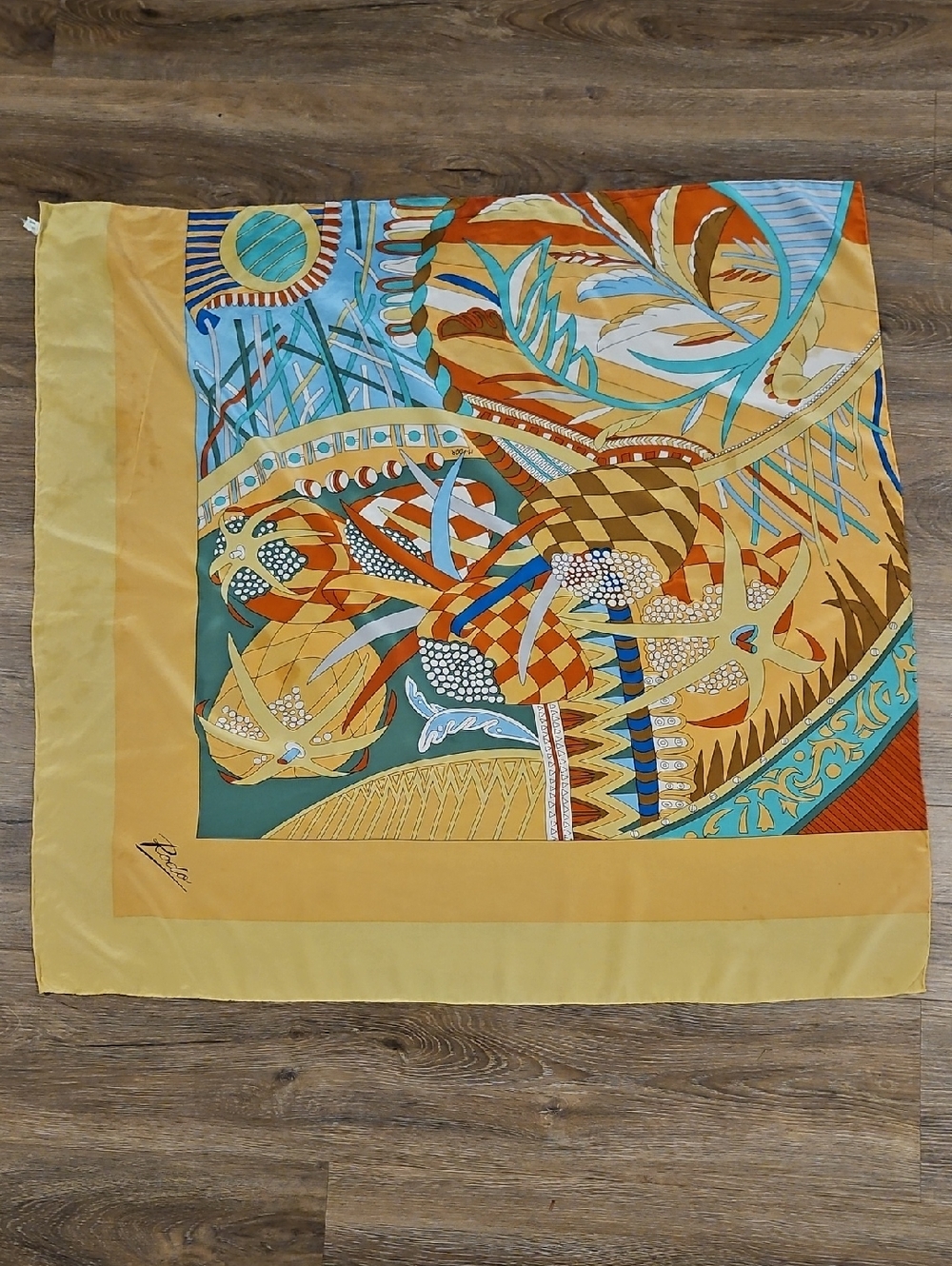 Italian Vintage Yellow Multi-Color Patterned Silk Scarf